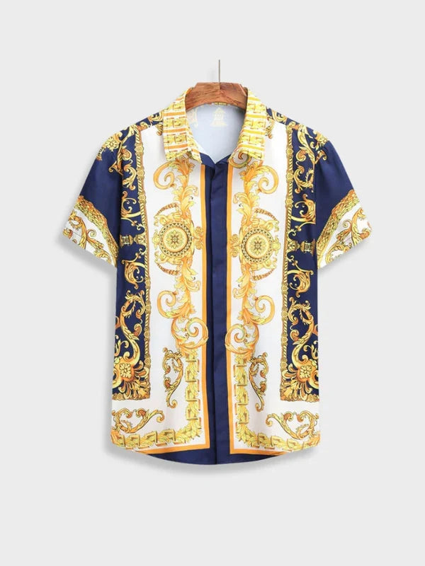 Man posing in an elegant Italian Baroque two-piece summer set. Perfect for resort and vacation outfits.