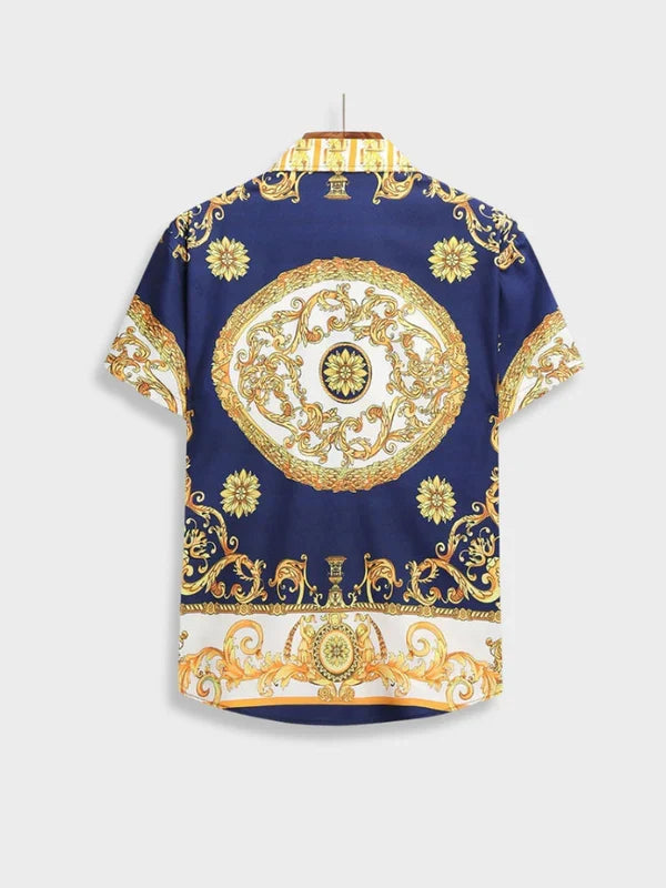 Back view of men's stylish Italian Baroque summer set. Comfortable and elegantly designed for warm weather.