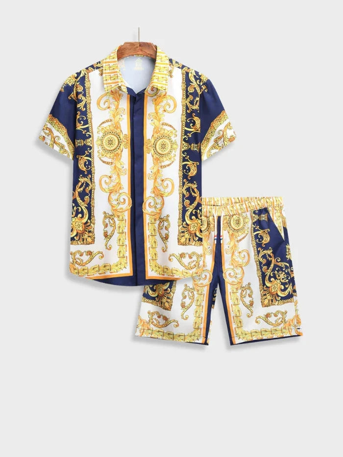 Front view of men's elegant Italian Baroque short-sleeve shirt. Vibrant print, ideal for summer fashion.