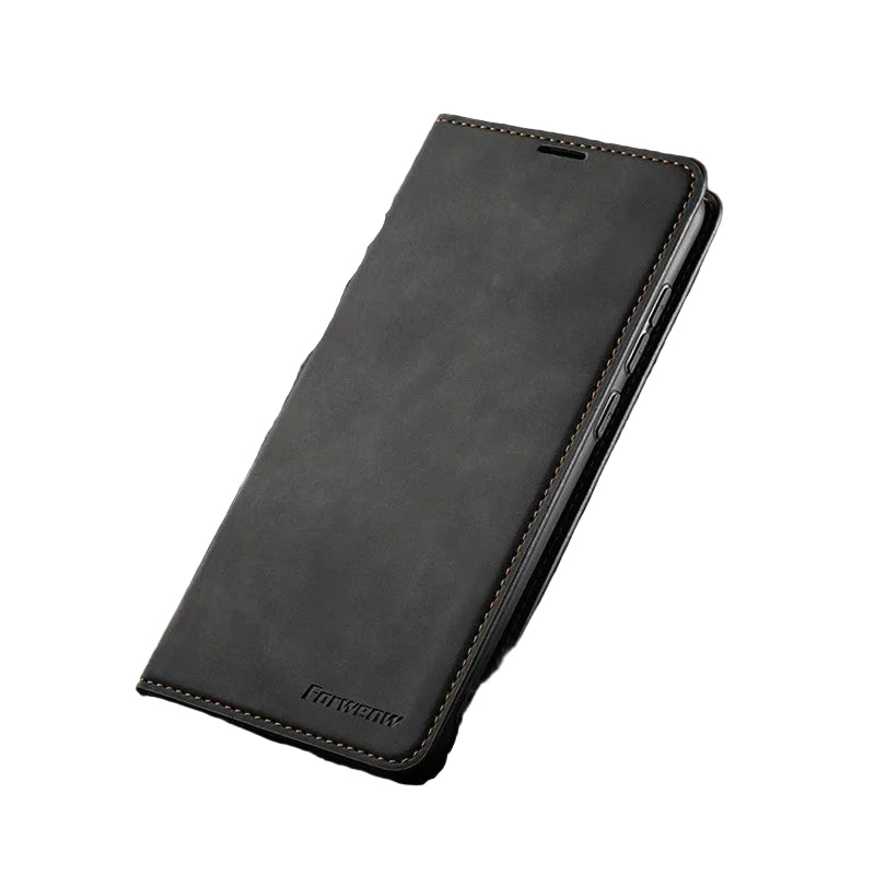 Premium black leather magnetic iPhone case. Stylish protection for iPhone 15, 14, 13, 12. Men's & women's accessory.