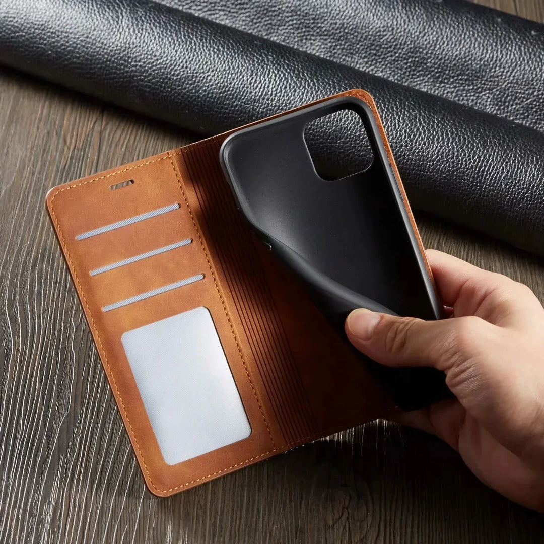 Sleek magnetic leather iPhone case offers secure attachment & drop protection. Premium accessory for various iPhone models.