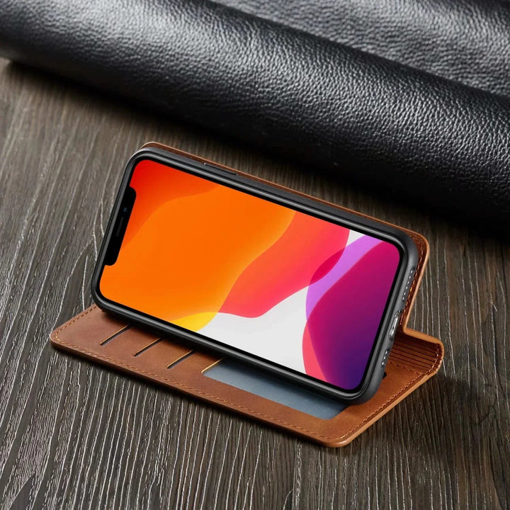 Elegant men's & women's premium leather iPhone case. Provides stylish, robust magnetic phone protection.