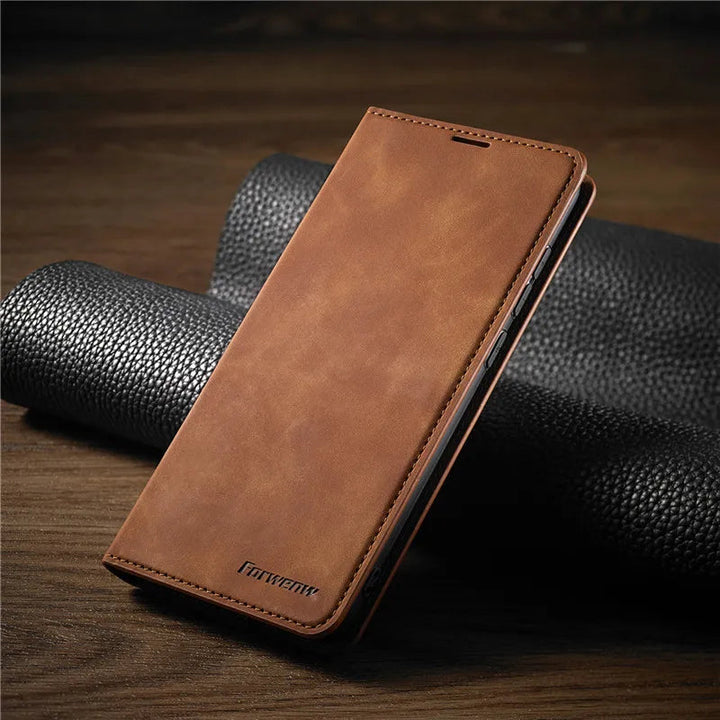Magnetic leather iPhone case for iPhone 14, 13, 12. Offers premium style & essential phone protection.