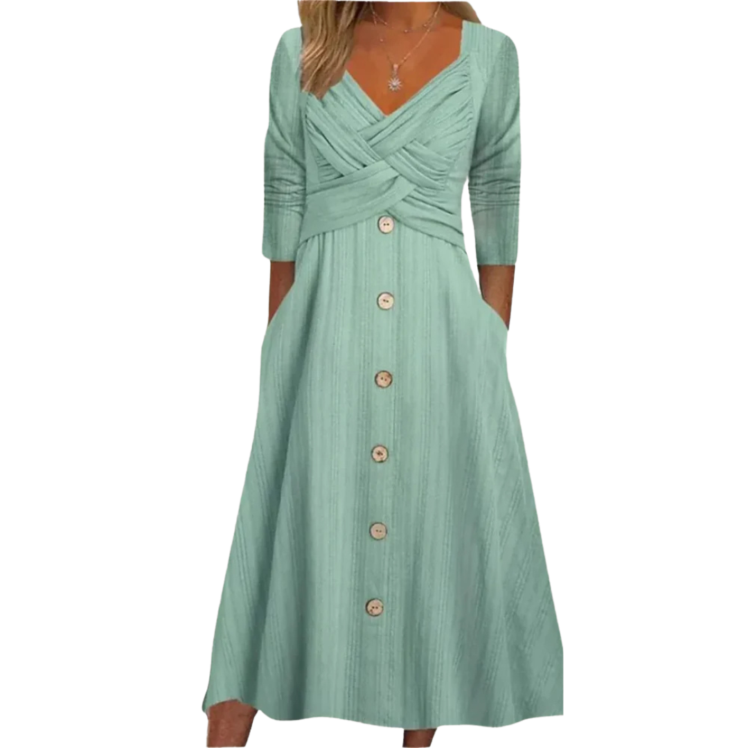 Elegant women's tummy control midi dress with square neck & short sleeves, perfect for summer & special occasions.