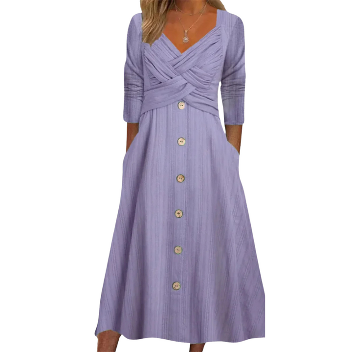 Stylish women's tummy control A-line midi dress, featuring a square neck & button-down design, ideal for summer elegance.