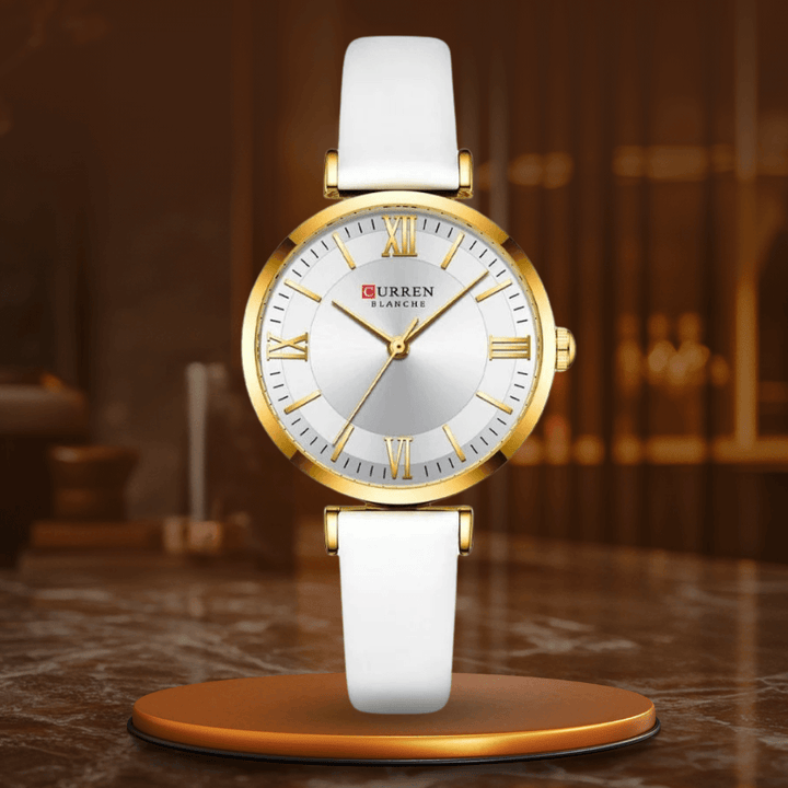 Modern white waterproof watch, a stylish quartz timepiece for men and women, with an elegant, sturdy strap.