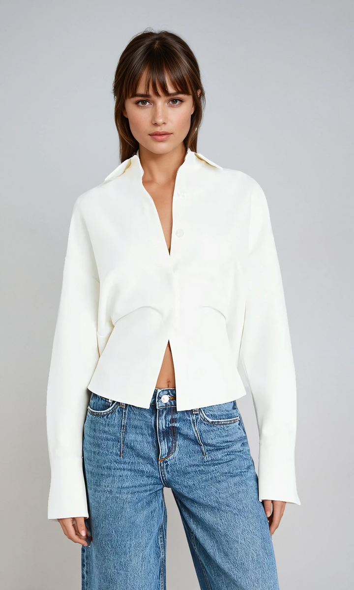 Elegant white long sleeve draped button-down shirt for women, perfect for professional or casual chic wear.