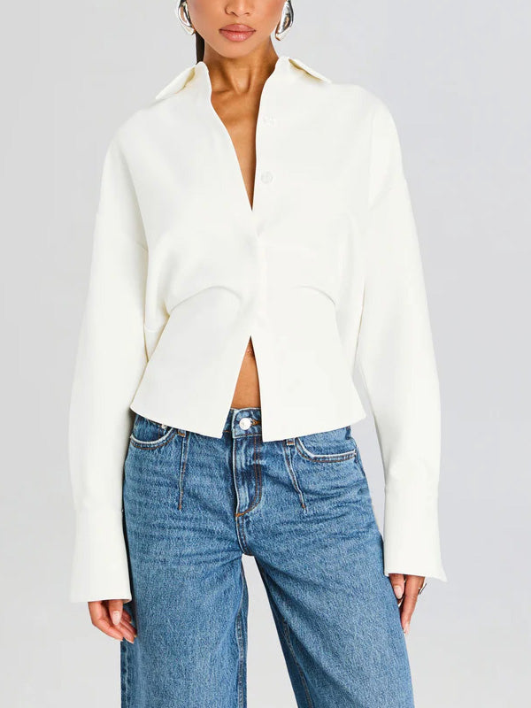 Versatile women's draped button-down blouse in white, ideal for office sophistication or modern casual outfits.