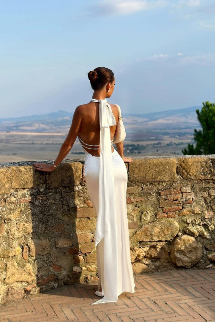 Chic open back wedding guest maxi dress for women, featuring a halter neck and sophisticated pearl elements.