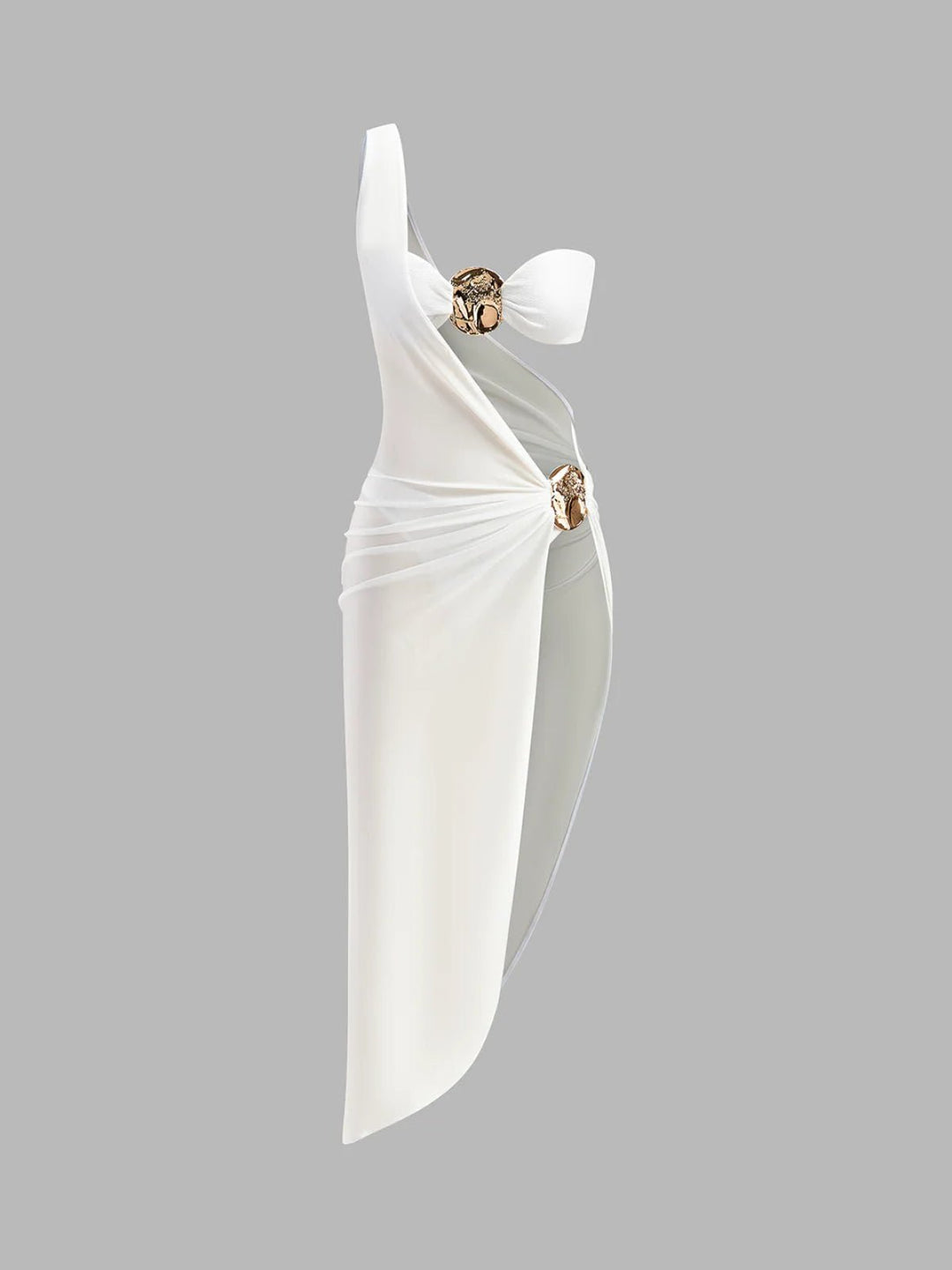 Chic white summer midi dress with elegant gold details and fashionable cut-outs.
