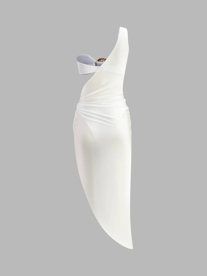Sophisticated formal midi dress in white, accented by beautiful gold hardware.