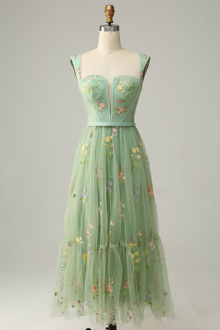 Elegant women's A-line ball gown with exquisite embroidery, perfect for formal events.