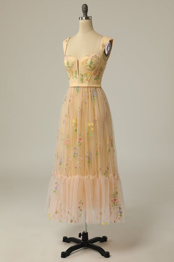 Sophisticated women's A-line ball gown, long and elegantly embroidered for evening wear.