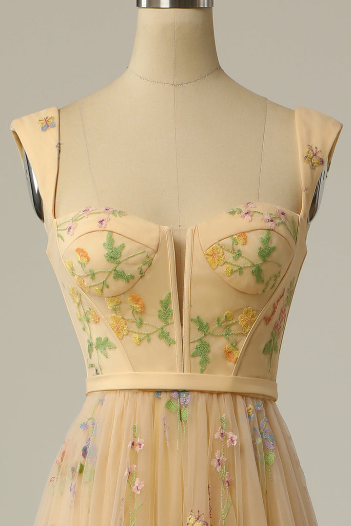 Flowing A-line ball gown for women, long and elegant with exquisite embroidery for formal galas.