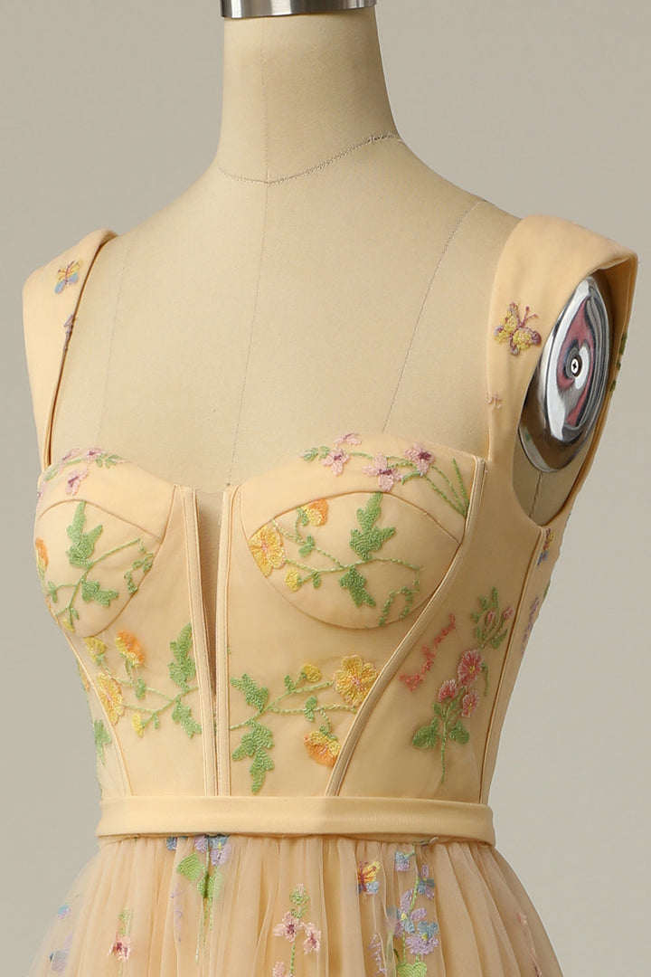 Elegant women's A-line ball gown with exquisite embroidery, ideal for evening and formal events.