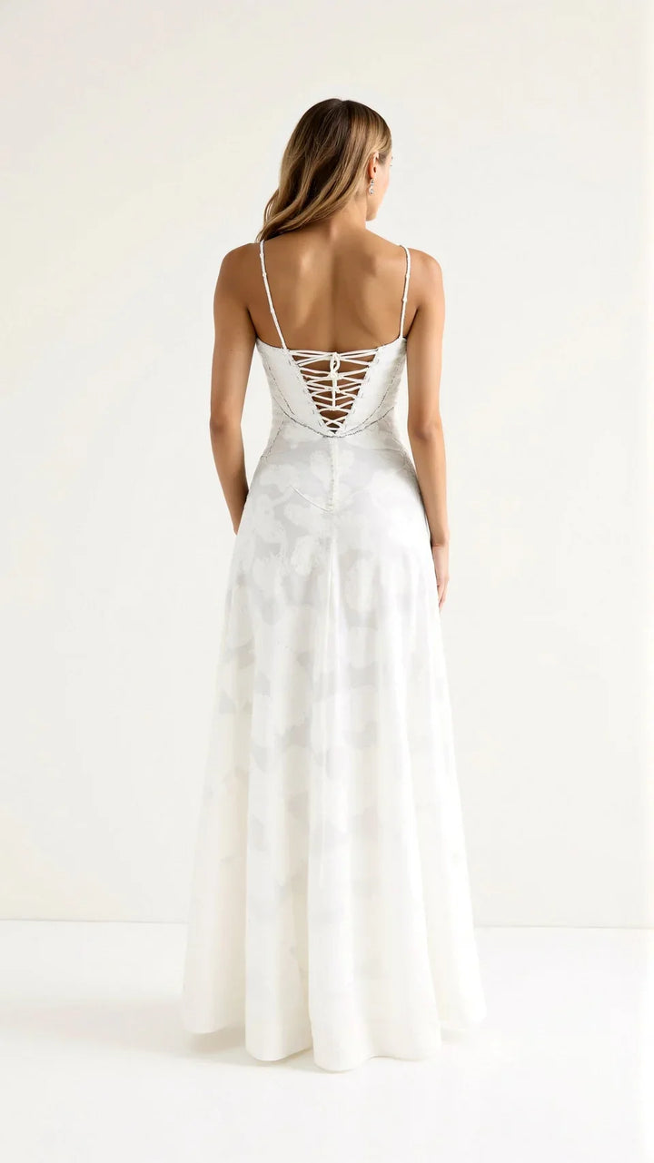 Modern elegant A-line maxi dress for women, ideal for special occasion & wedding guests.