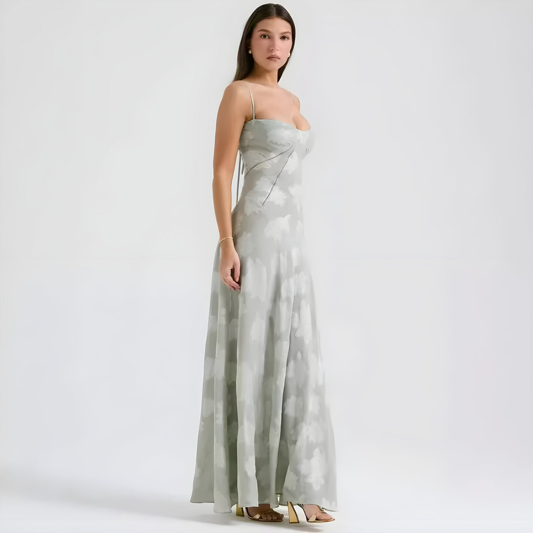 Women's formal A-line maxi dress, ideal for wedding guest attire & evening events.