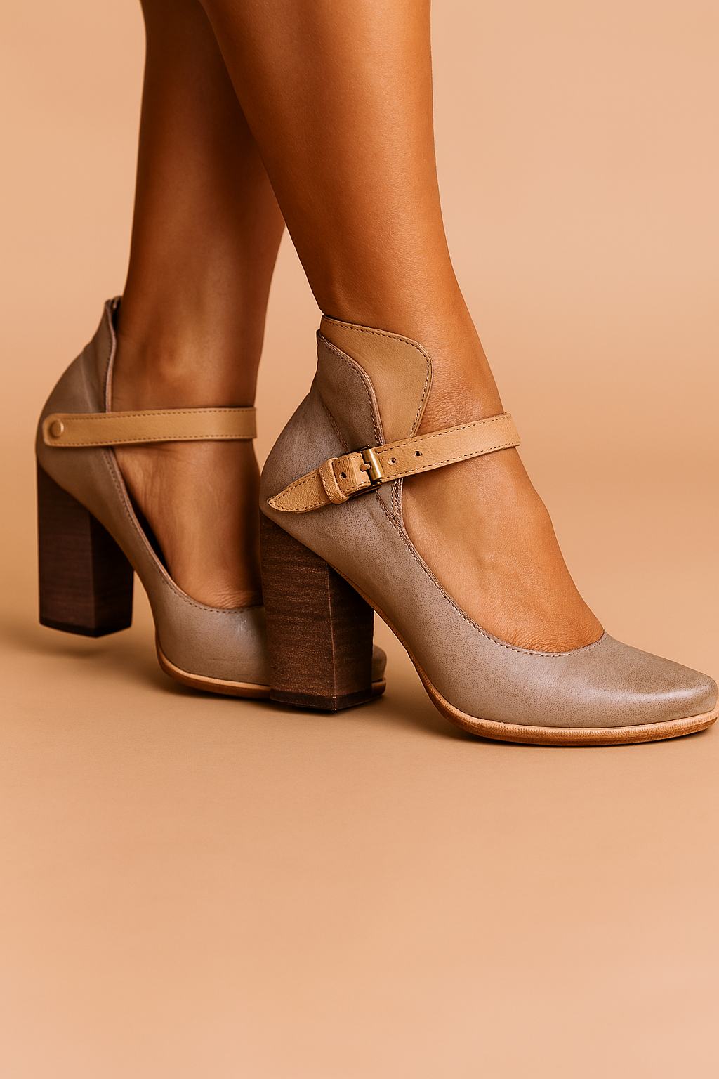 Chic gray women's block heel pumps with supportive ankle strap, offering elegant style and comfort for any event.
