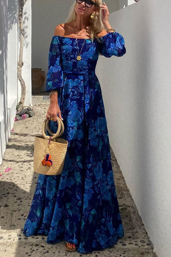 Flowy blue floral off-shoulder maxi dress for women, ideal as a comfortable summer or elegant vacation dress.