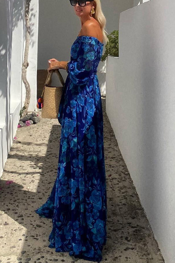Women's blue floral print off-shoulder maxi dress, a versatile and chic casual or elegant summer outfit.