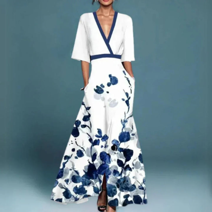 Comfortable long floral maxi dress for women, elegant & flattering, ideal for summer fashion & events.