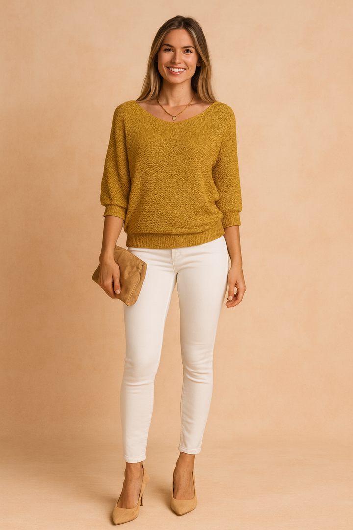 Chic women's boat neck sweater, a half sleeve loose fit pullover for comfortable spring & autumn fashion.