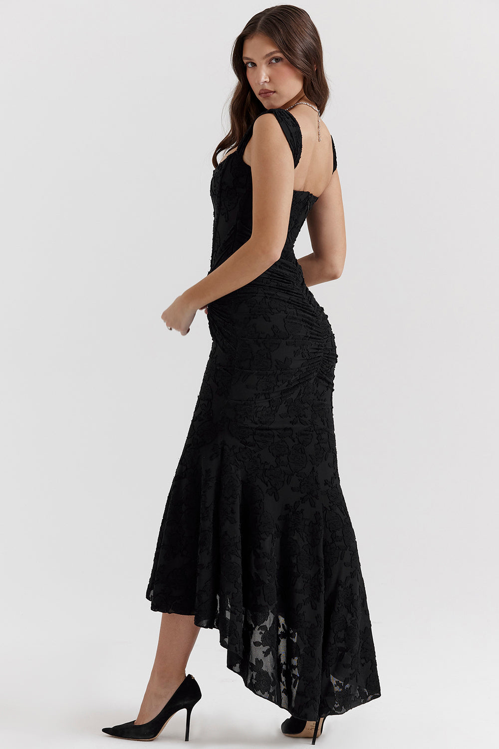 Women's elegant formal evening gown, ruched corset maxi dress for galas & special occasions.