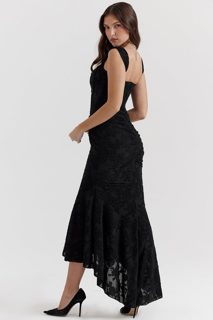 Women's elegant formal evening gown, ruched corset maxi dress for galas & special occasions.