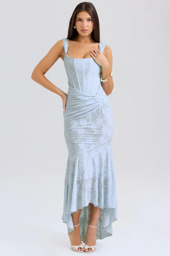 Modern sleeveless design: women's ruched corset maxi dress, an elegant formal evening gown.