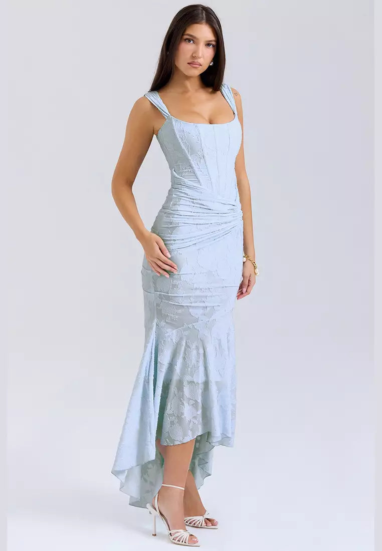 Glamorous women's ruched corset maxi dress, perfect as an elegant formal party evening gown.