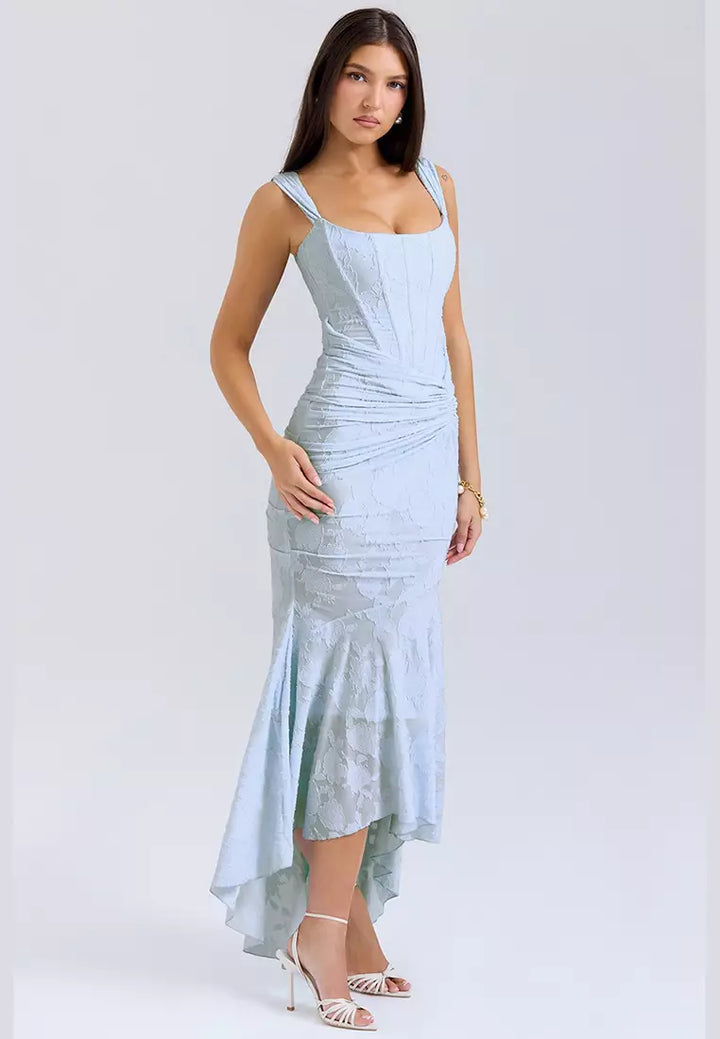 Glamorous women's ruched corset maxi dress, perfect as an elegant formal party evening gown.