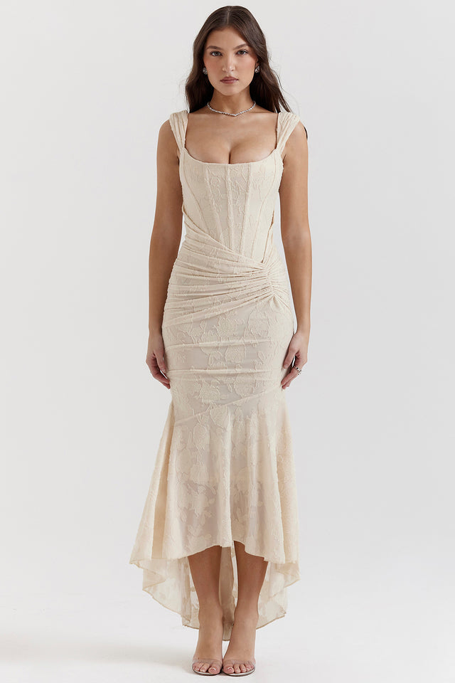 Model wearing a sophisticated women's formal evening gown, the ruched corset maxi dress.