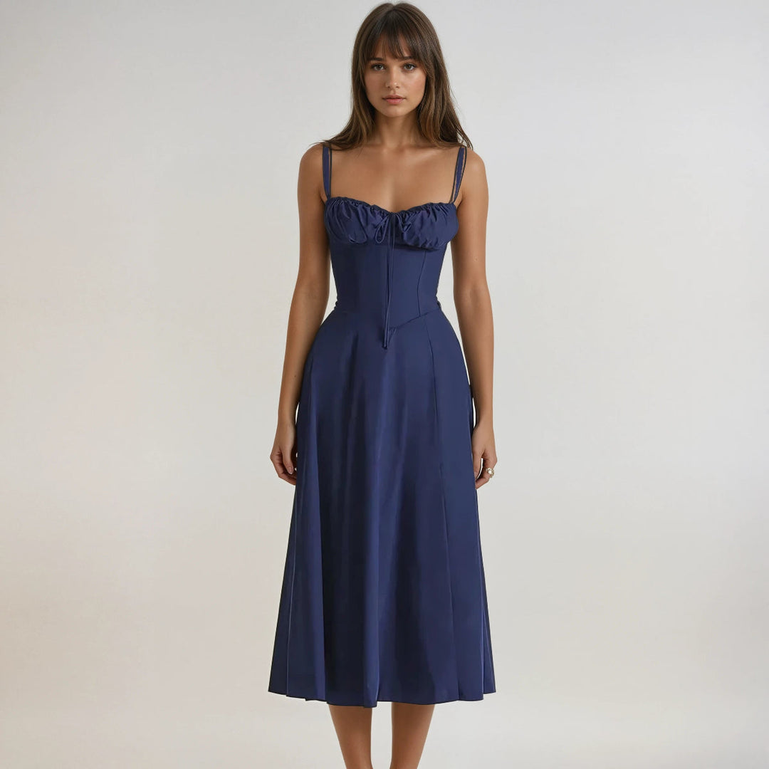 Sophisticated women's elegant midi party dress with a flattering corset silhouette.