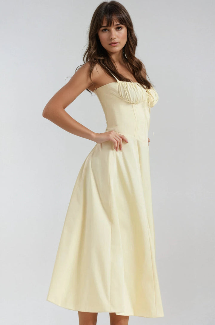 Chic women's formal midi dress with corset bodice, great for evening events.
