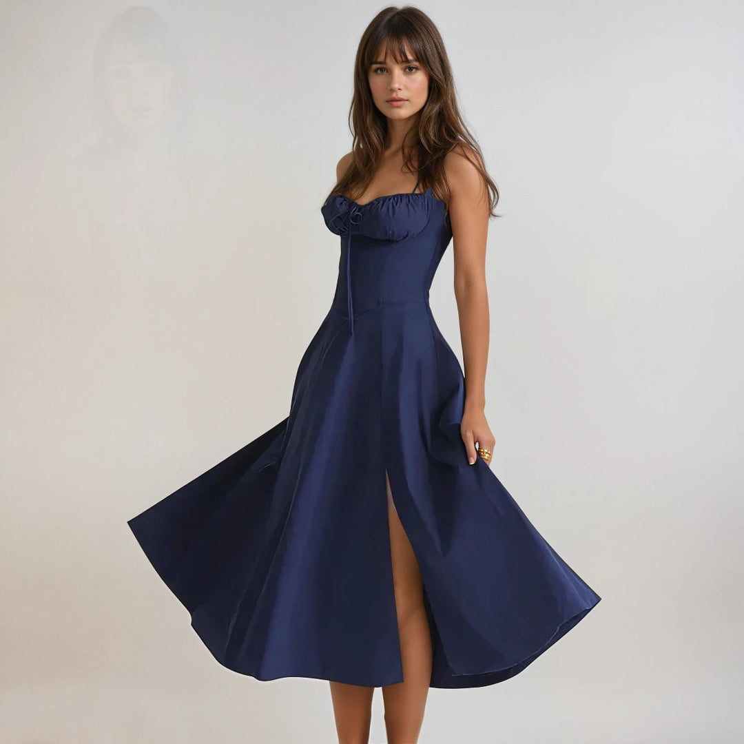 Women's elegant flared midi party dress with a stylish corset top for summer.