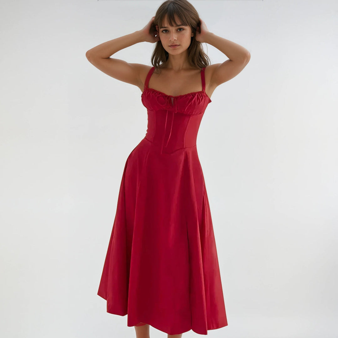 Special occasion women's midi corset dress, perfect for elegant summer gatherings.