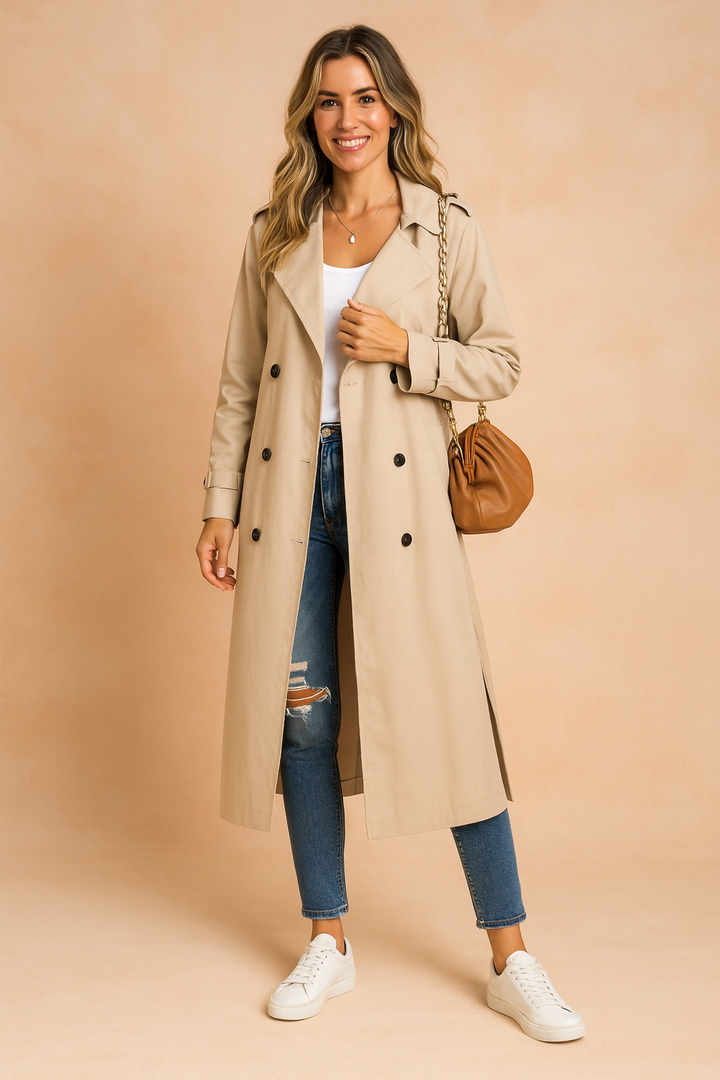 Elegant women's double-breasted long trench coat, perfect classic outerwear for sophisticated spring & fall fashion.