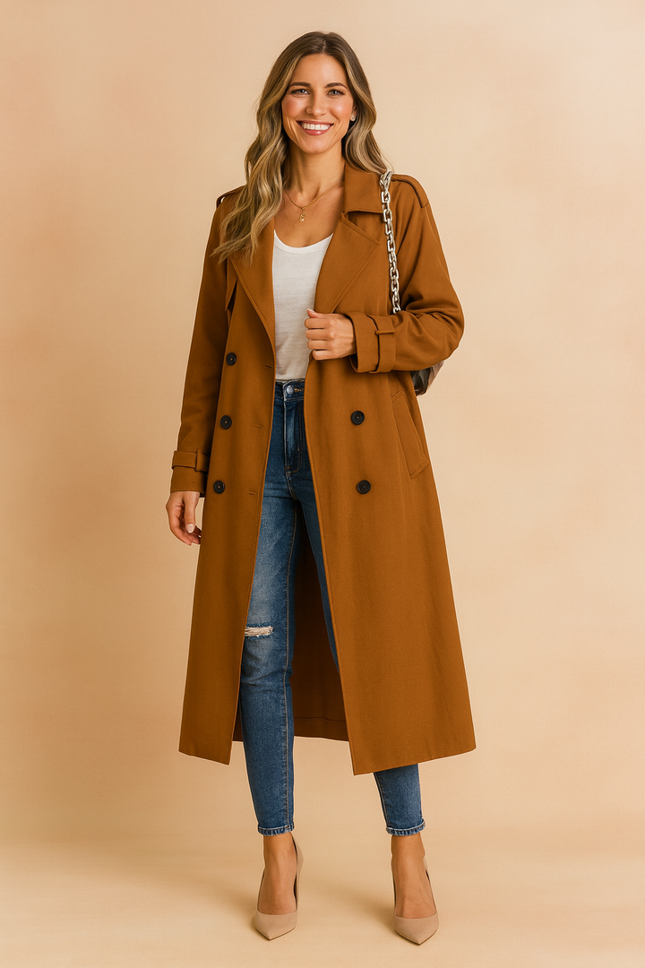 Chic long double-breasted trench coat for women, versatile lightweight jacket for elegant spring & fall style.