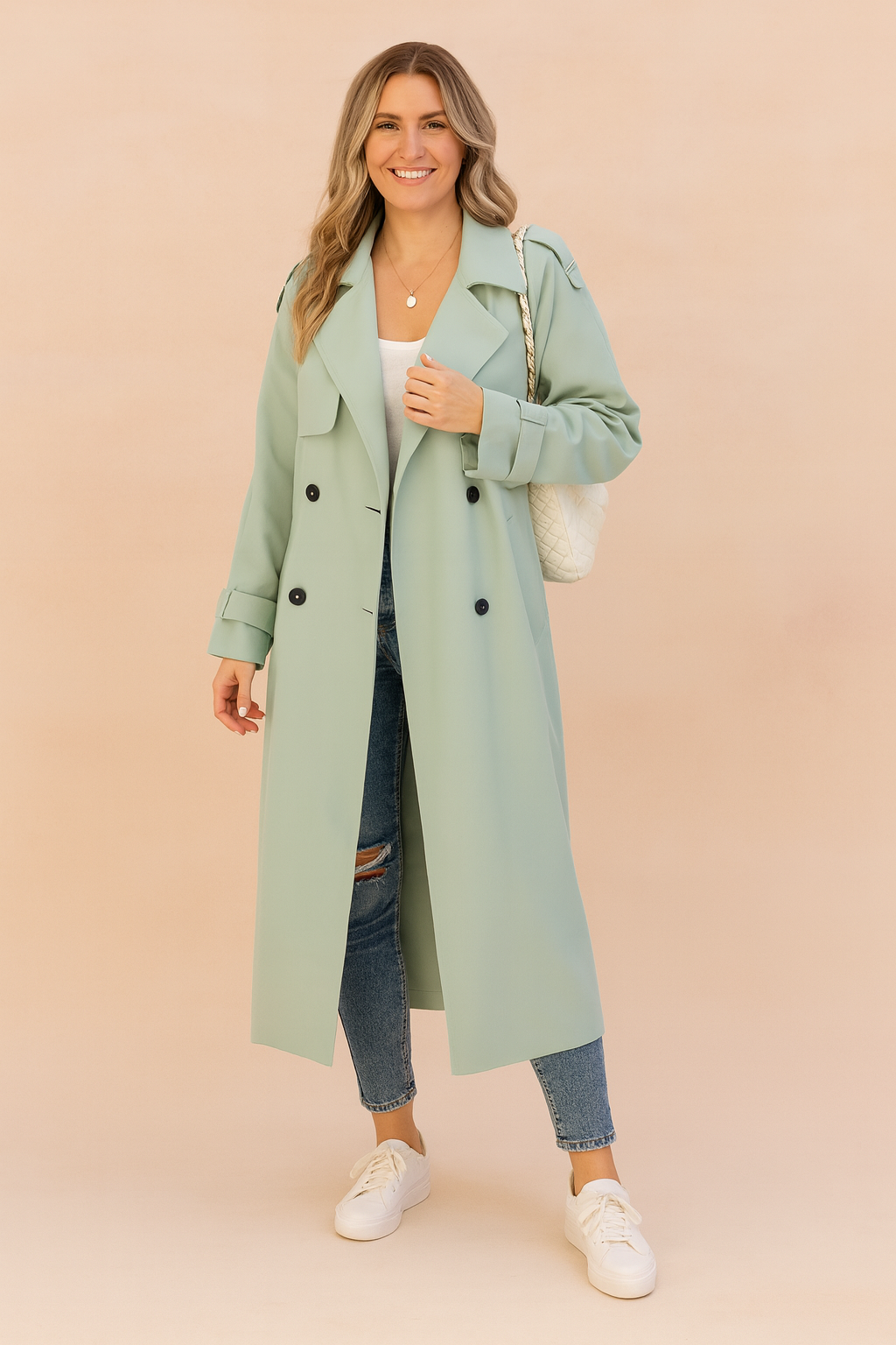 Classic women's double-breasted long trench coat, a stylish and versatile outerwear piece for fall & spring.