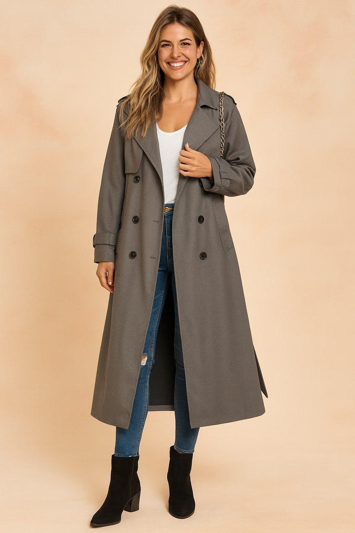 Fashionable women's elegant long trench coat, double-breasted design, ideal for chic fall & spring outfits.