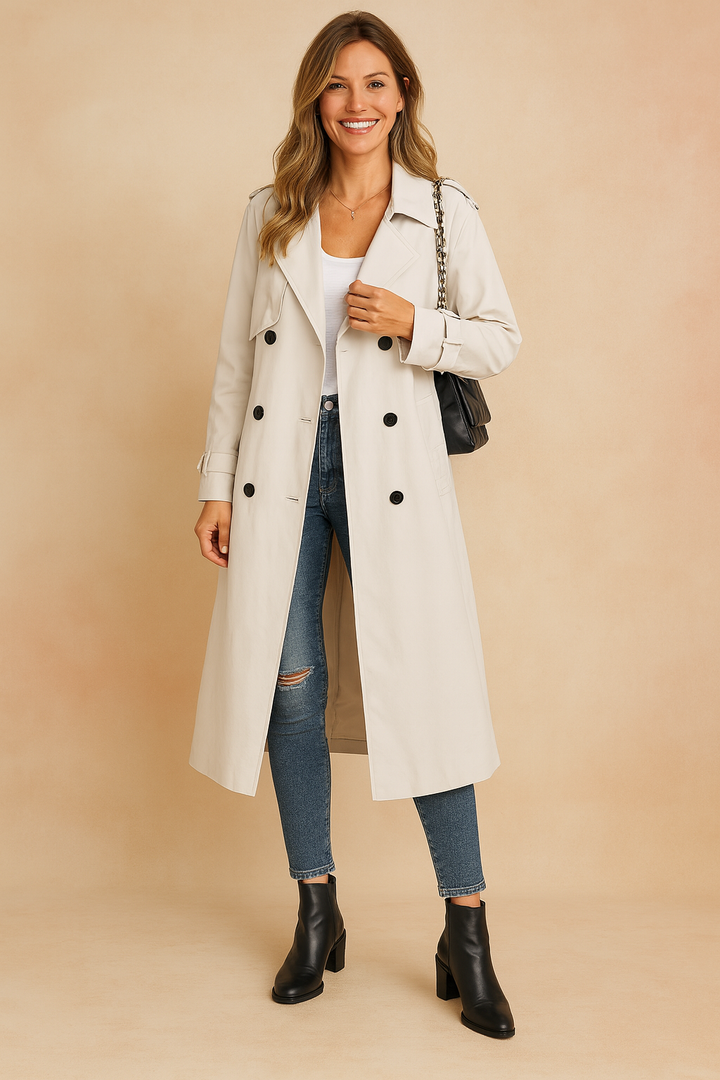 Women's double-breasted long trench coat, an elegant and classic outerwear staple for versatile fall fashion.
