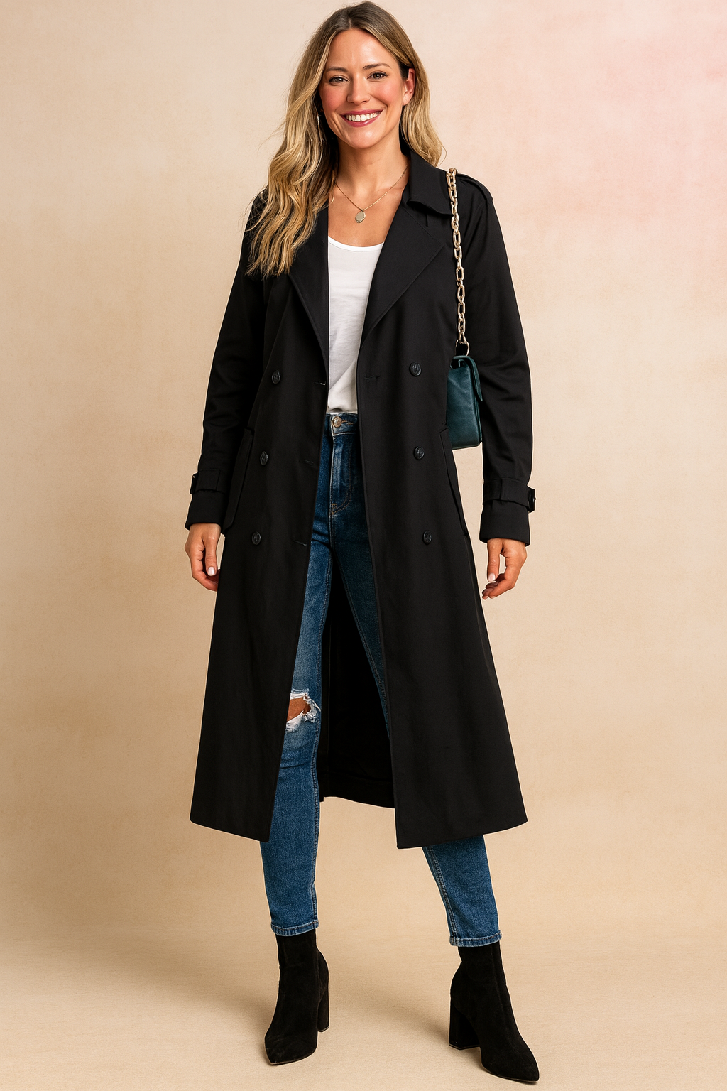 Sophisticated women's long trench coat with double-breasted style, a versatile fashion coat for spring & fall.