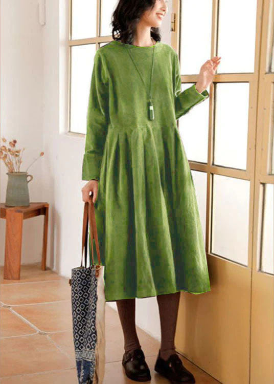 Fashionable women's long sleeve corduroy dress. Elegant autumn winter style for a cozy and chic look.
