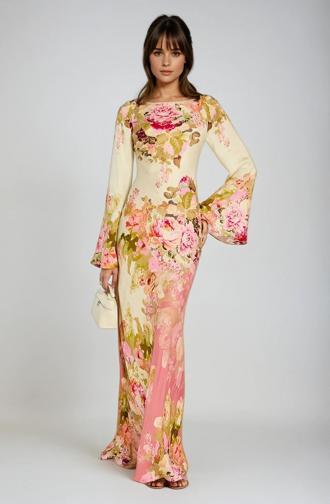 Elegant women's floral bell sleeve maxi evening dress for formal occasions.