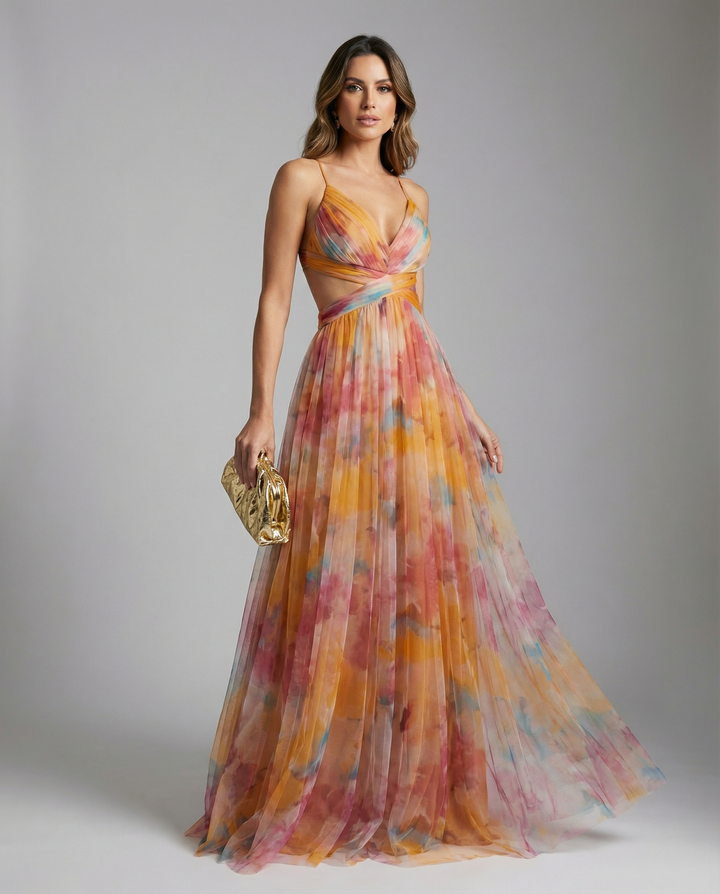 Elegant women's floral evening maxi dress, perfect for summer parties and weddings.