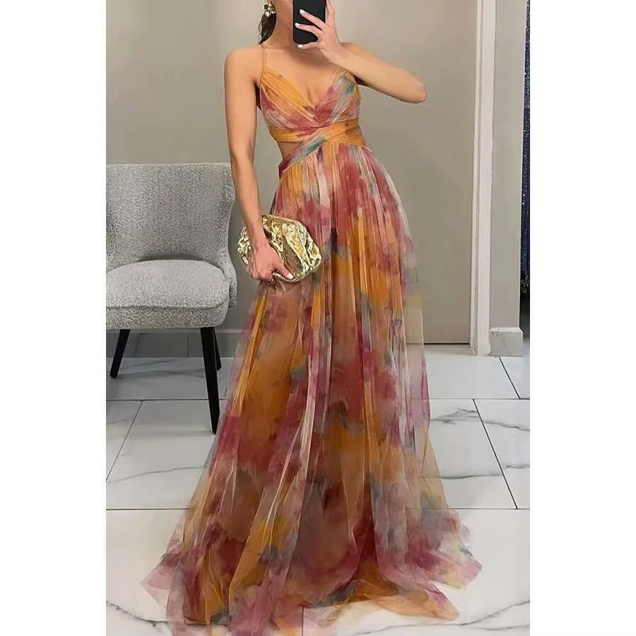 Beautiful long floral dress for women, suitable for formal events and wedding guests.