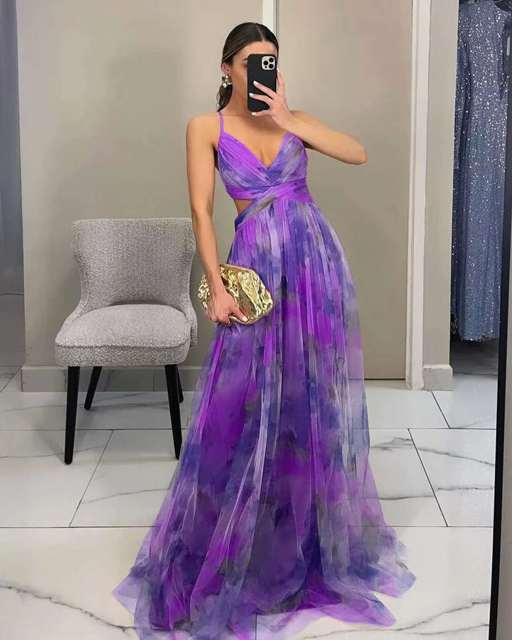 An elegant floral evening gown for women, designed for a sophisticated party look.