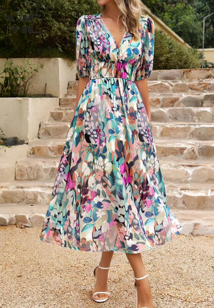 Women's elegant floral midi dress with puff sleeves, V-neck. Perfect for casual chic or party wear.