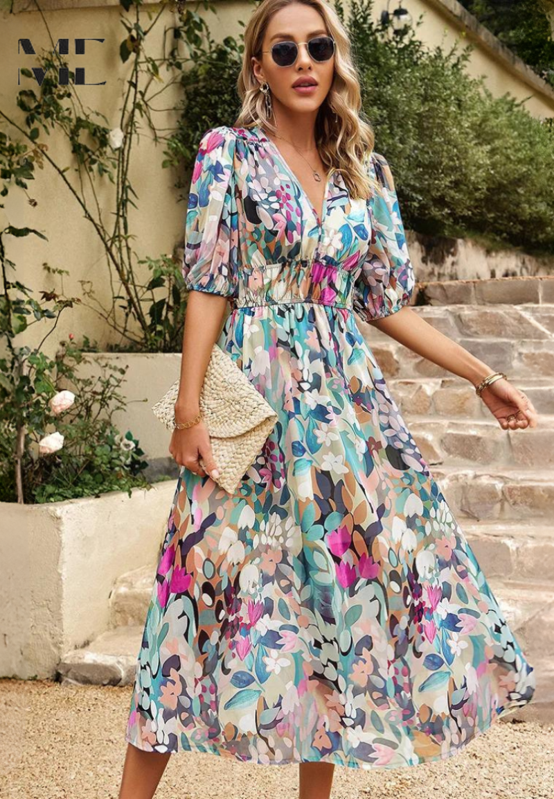 Feminine women's midi dress. Soft fabric, beautiful floral print, puff sleeves, and a flowy silhouette.