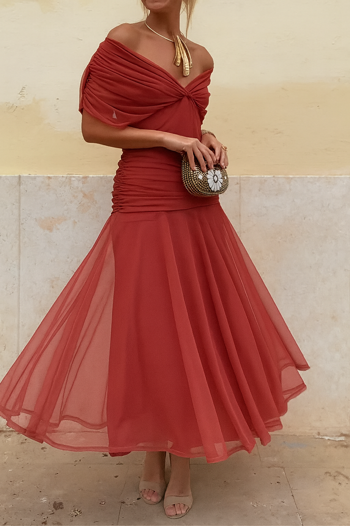 Elegant women's flow mesh dress with diagonal collar, perfect for summer evenings.